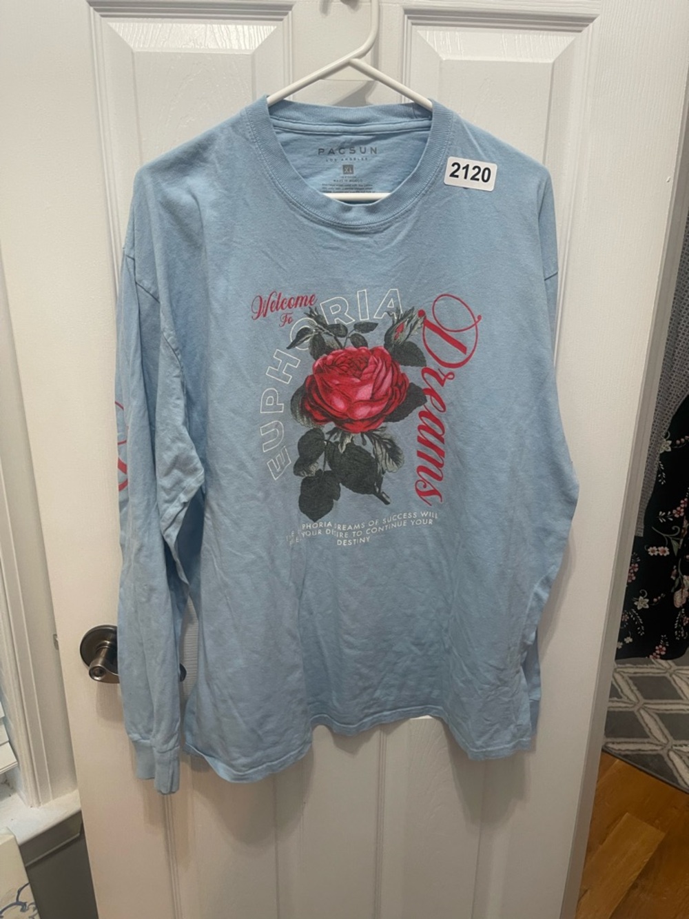 PacSun Light Blue Long Sleeve Tee with Red Rose Graphic - Picture 2 of 8